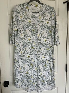 Schiesser Grey Yellow Floral Botanical Cotton Nightgown Sleepshirt M